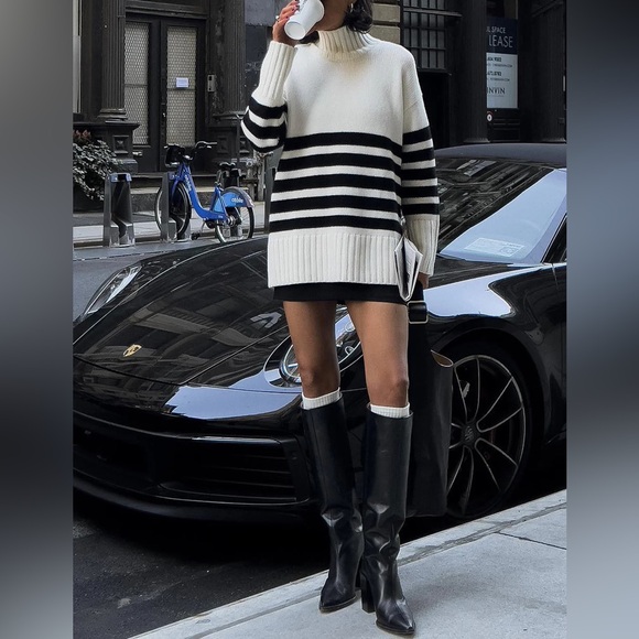 Commense Sweaters - Commense Miss Paris Mock Neck Striped Oversized Cozy Knit Sweater